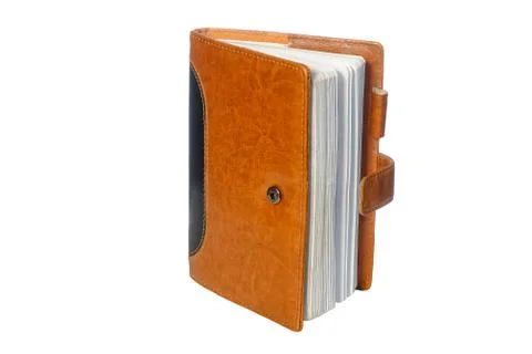 Notebook in a brown leather binding isolated on white background Stock Photos