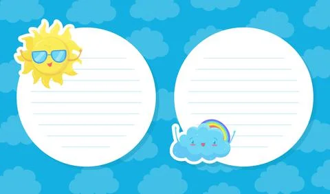 Notebook, card, notes, stickers page template with weather forecast signs. Lined 스톡 일러스트