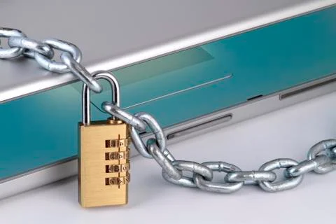 Notebook with chain and digital padlock Stock Photos