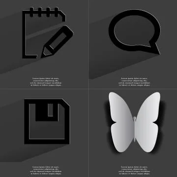 Notebook, Chat bubble, Floppy disk, Butterfly icon sign. Set of Symbols with  Stock Illustration