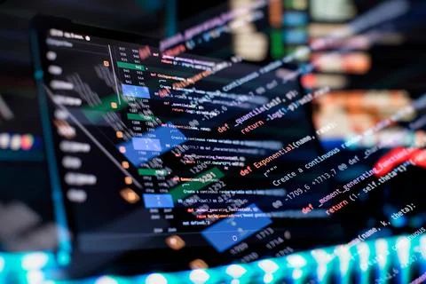 Notebook closeup photo. CSS, JavaScript and HTML usage. Monitor closeup of .. Stock Photos