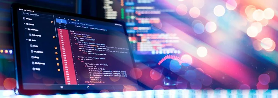 Notebook closeup photo. CSS, JavaScript and HTML usage. Monitor closeup of .. Stock Photos