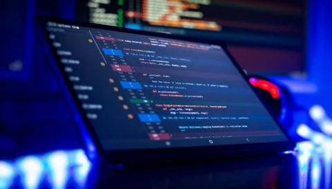 Notebook coding background business data analytics programming online,  dig.. Stock-Fotos