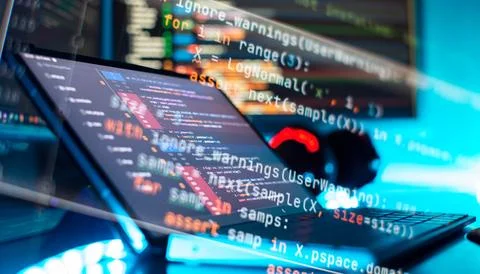 Notebook coding background business data analytics programming online,  dig.. Stock-Fotos