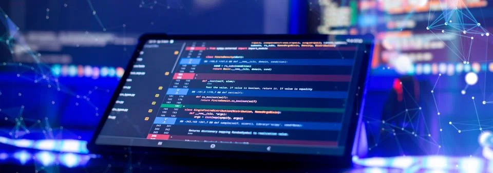 Notebook coding background business data analytics programming online,  dig.. Stock-Fotos