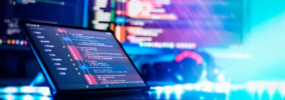 Notebook coding background business data analytics programming online,  dig.. Stock Photos