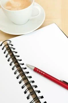 Notebook, coffee and ballpoint Stock Photos