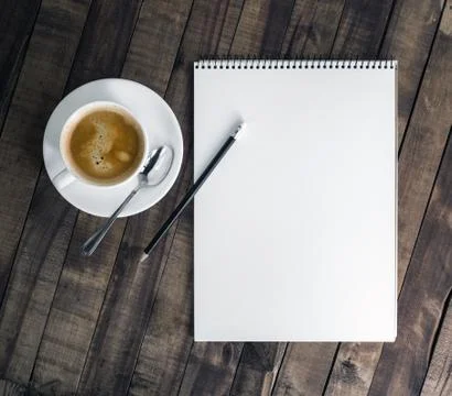 Notebook, coffee cup, pencil Stock Photos