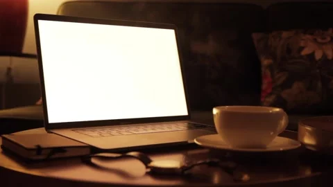 Notebook with coffee dolly slight (white screen) 스톡 동영상 137824846