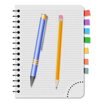 Notebook with colored bookmarks, blue  pen and yellow pencil Stock Illustration