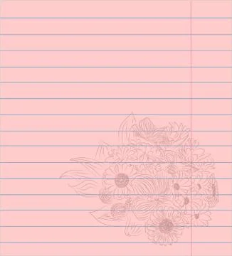 Notebook colored lined paper sheet with romantic flowers bouquet 스톡 일러스트