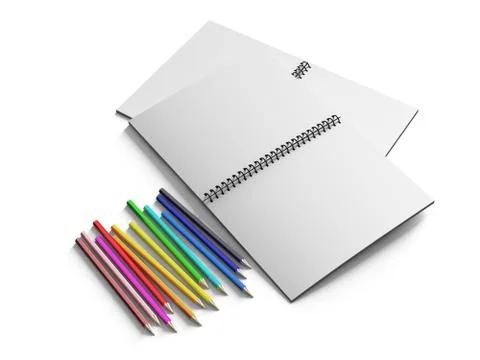 Notebook with colored pencils on White background Stock Illustration
