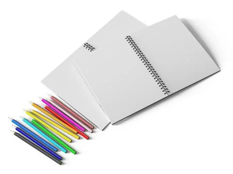 Notebook with colored pencils on White background Stock Illustration