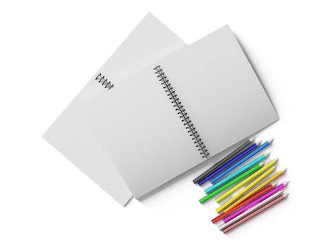 Notebook with colored pencils on White background Stock Illustration