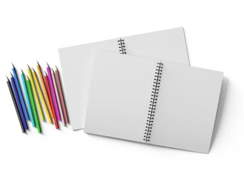 Notebook with colored pencils on White background Stock Illustration