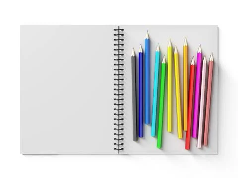 Notebook with colored pencils on White background Stock Illustration