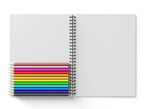 Notebook with colored pencils on White background Stock Illustration