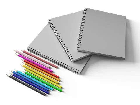 Notebook with colored pencils on White background Stock Illustration