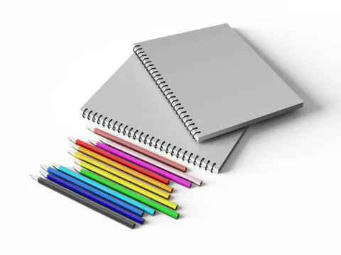 Notebook with colored pencils on White background Stock Illustration