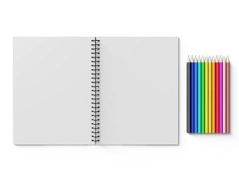 Notebook with colored pencils on White background Illustration