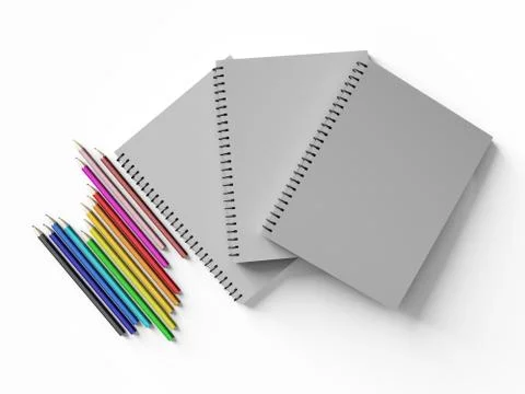 Notebook with colored pencils on White background Stock Illustration