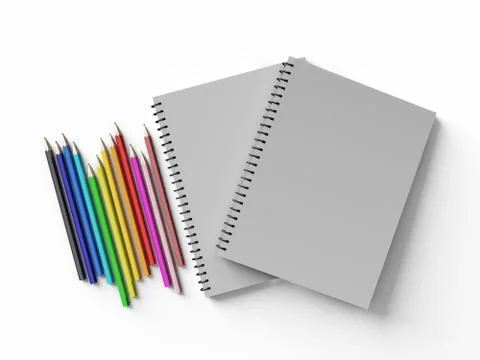 Notebook with colored pencils on White background Illustration