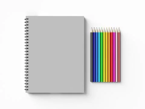 Notebook with colored pencils on White background Stock Illustration