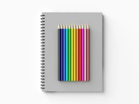 Notebook with colored pencils on White background Stock Illustration