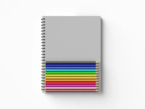 Notebook with colored pencils on White background Stock Illustration