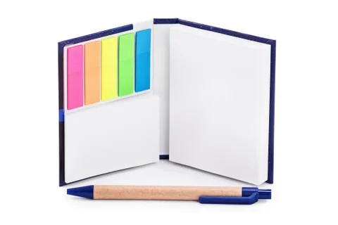 Notebook with colorful page marker stickers and a pen Stock Photos