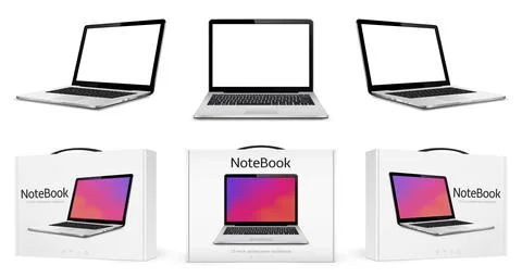 Notebook computer and boxes mock up isolated Stock Illustration