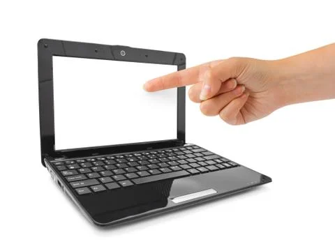 Notebook computer and pointing hand Stock Photos