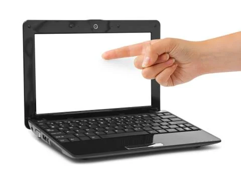 Notebook computer and pointing hand 스톡 사진
