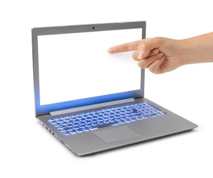 Notebook computer and pointing hand Stock Photos