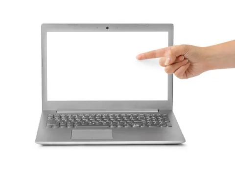 Notebook computer and pointing hand Foto stock