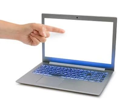 Notebook computer and pointing hand Stock Photos