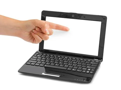 Notebook computer and pointing hand Notebook computer and pointing hand is... Foto stock