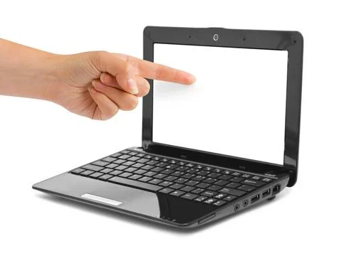 Notebook computer and pointing hand Notebook computer and pointing hand is... Foto stock