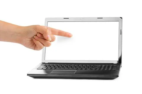 Notebook computer and pointing hand Notebook computer and pointing hand is... Stock Photos