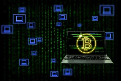 Notebook computer with bitcoin symbol and laptop icons on binary background Stock Photos