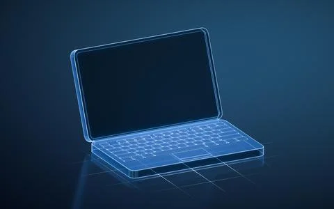 Notebook computer with blue transparent structure, 3d rendering. イラスト素材
