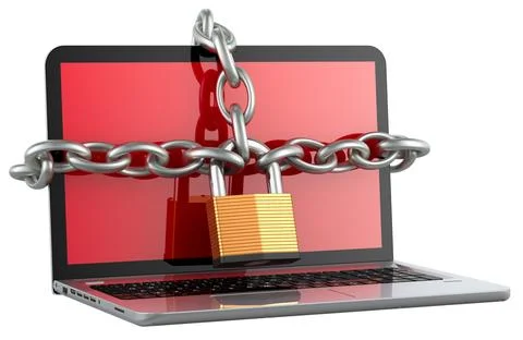 Notebook computer with chain and padlock, 3D rendering Stock Illustration