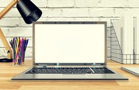Notebook computer display for mock up on working table, 3D rendering Stock Illustration
