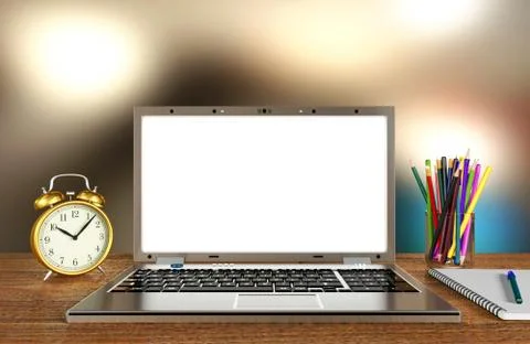 Notebook computer display for mock up on working table with blur background Stock Illustration