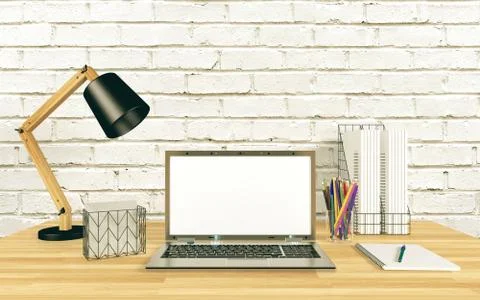 Notebook computer display for mock up on working table, 3D rendering Stock Illustration