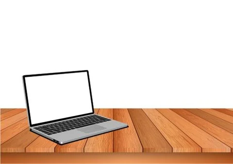 Notebook computers are placed on a wooden floor, separated from the white bac Illustrazione stock