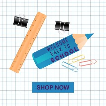 Notebook copybook grid paper note, colorful pencil with quote Welcome back to Stock Illustration