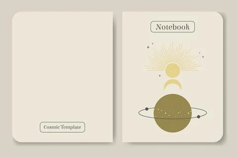 Notebook cover with outer space and planets. Saturn with satellite. Stock Illustration