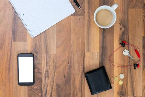 Notebook Desk Empty Pens Writing Education Work Coffee Brown Office Objects B Stock Photos