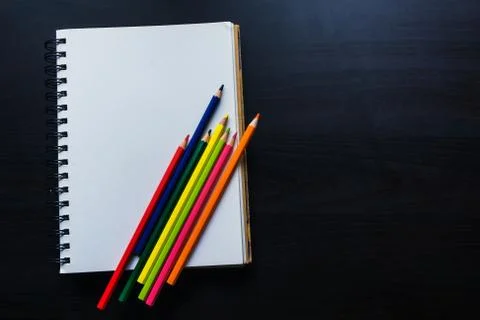 Notebook on the desk , Empty space on the notebook for Enter text or image Stock Photos